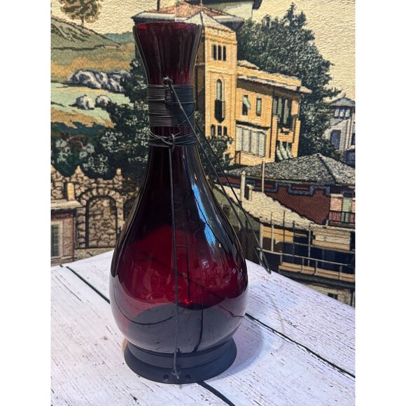 Vintage Red Glass Hanging Lantern Tea Light Holder With Metal Wire Wrap & Handle - Picture 7 of 11